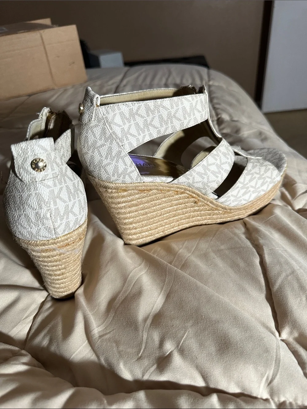 Michael Kors Cream Logo Espadrille Wedge Sandals